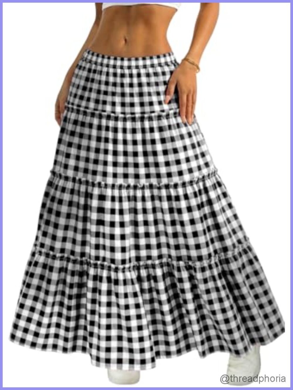 ELLEVEN Women's Gingham Boho Maxi Skirt A-Line